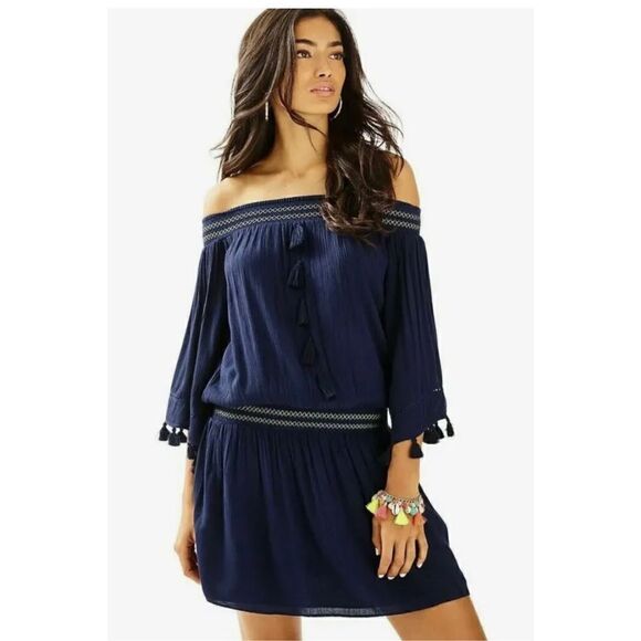 Lilly Pulitzer Joelle Off Shoulder True Navy Blue Mini Dress size XXS - Picture 1 of 15